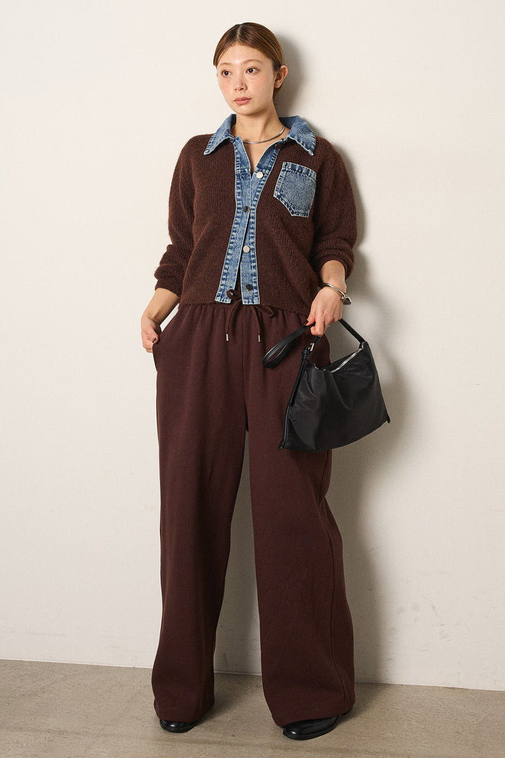 [SET]襟付きデニム切替ニットカーディガン+裏起毛スウェットワイドパンツ(2set)