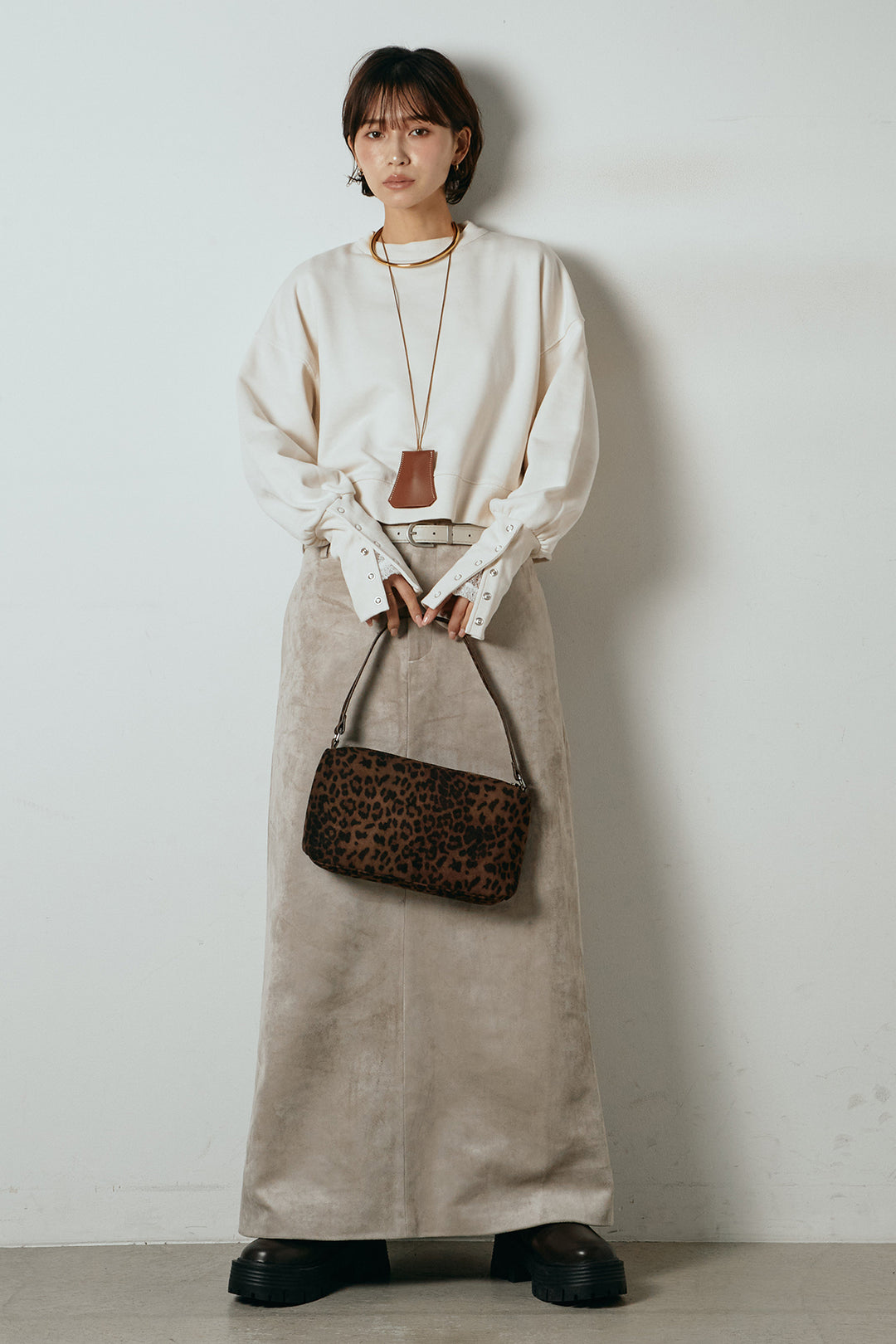 [SET]裏毛バックオープンプルオーバー+エコスウェードワイドスカート+ストレッチレースクルーネックインナー(3set)