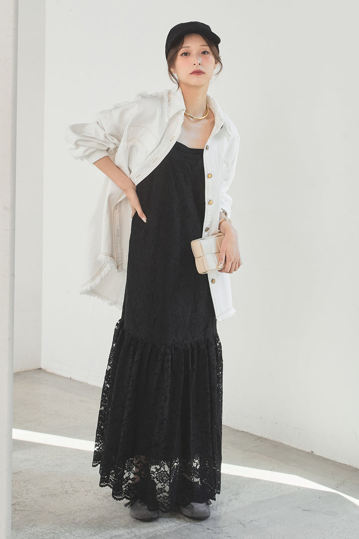 [SET]フリンジデニムジャケット+レース刺繍フレアキャミワンピース(2set)