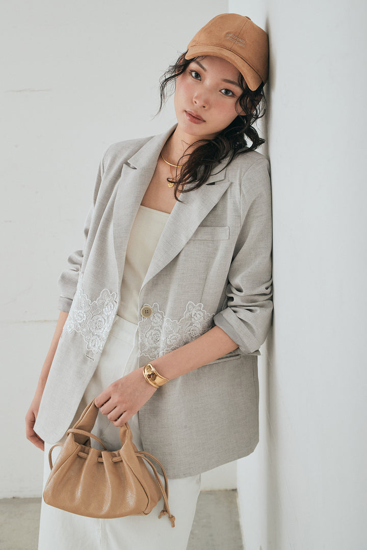 [SET]リネンタッチレースデザインジャケット+裾レースデザインデニムスカート(2set)