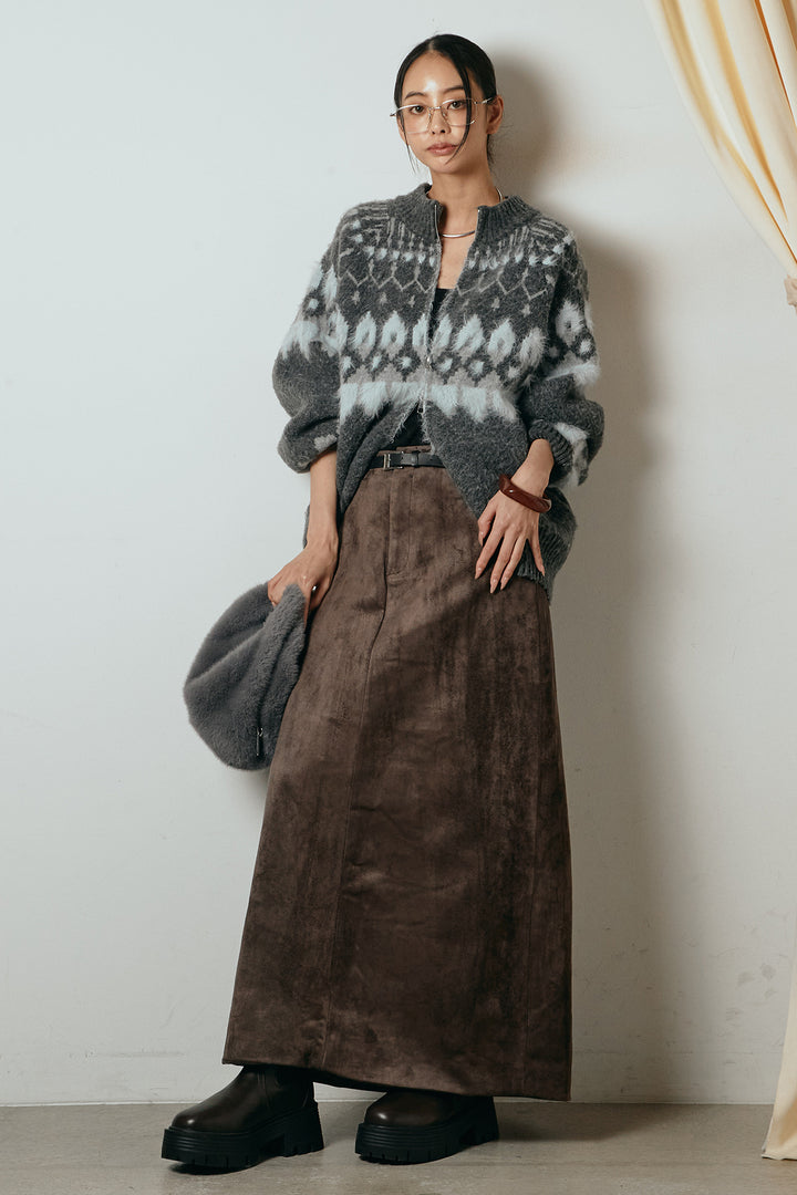 [SET]起毛ダブルジップパターンニットカーディガン+エコスウェードワイドスカート(2set)