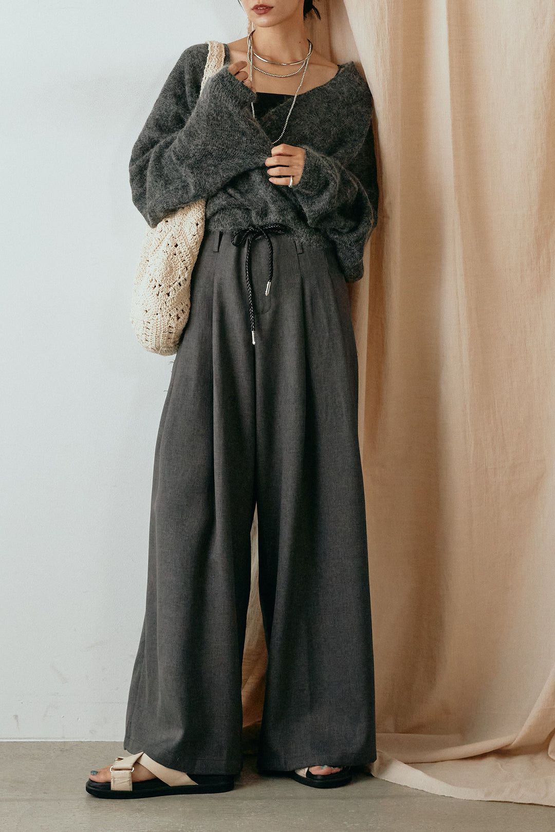 [SET]カシュクールデザインニット+細ベルト付きワイドパンツ(2set)