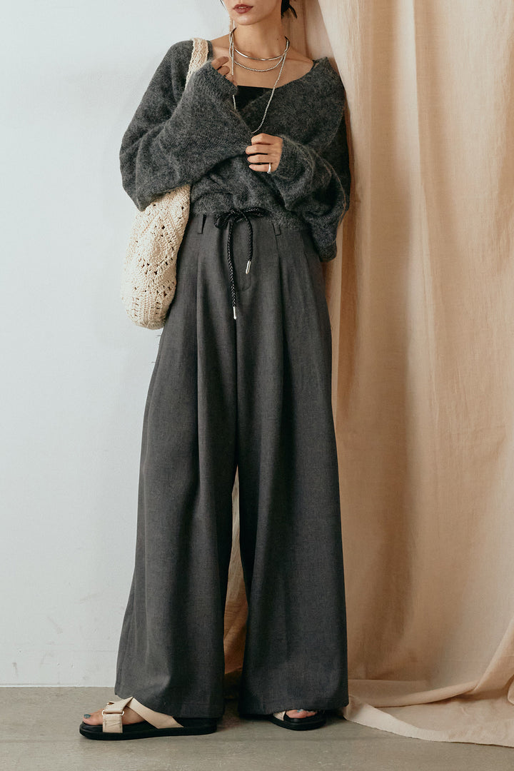 [SET]カシュクールデザインニット+細ベルト付きワイドパンツ(2set)