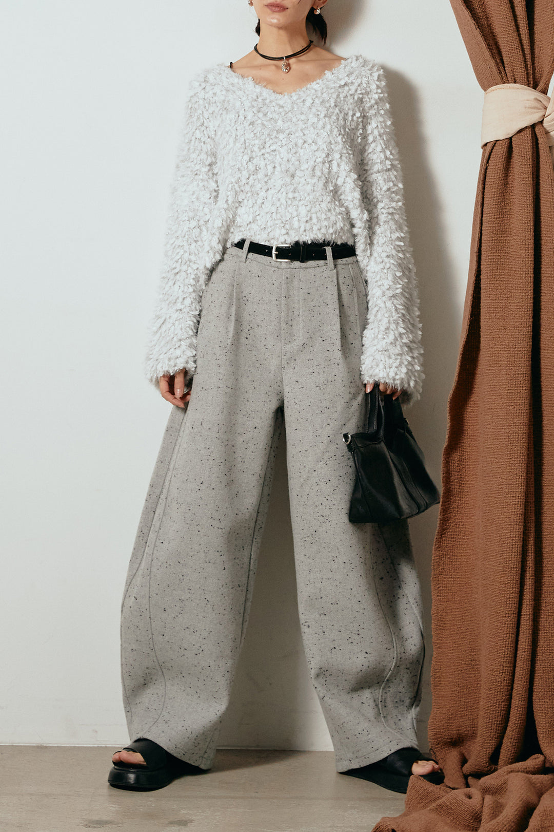 [SET]深Vネックチョウチョヤーンニットトップス+ベルト付きネップツイードカーブパンツ(2set)