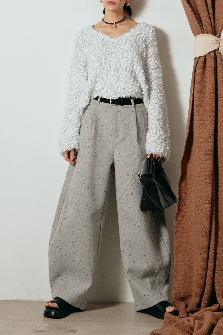 [SET]深Vネックチョウチョヤーンニットトップス+ベルト付きネップツイードカーブパンツ(2set)