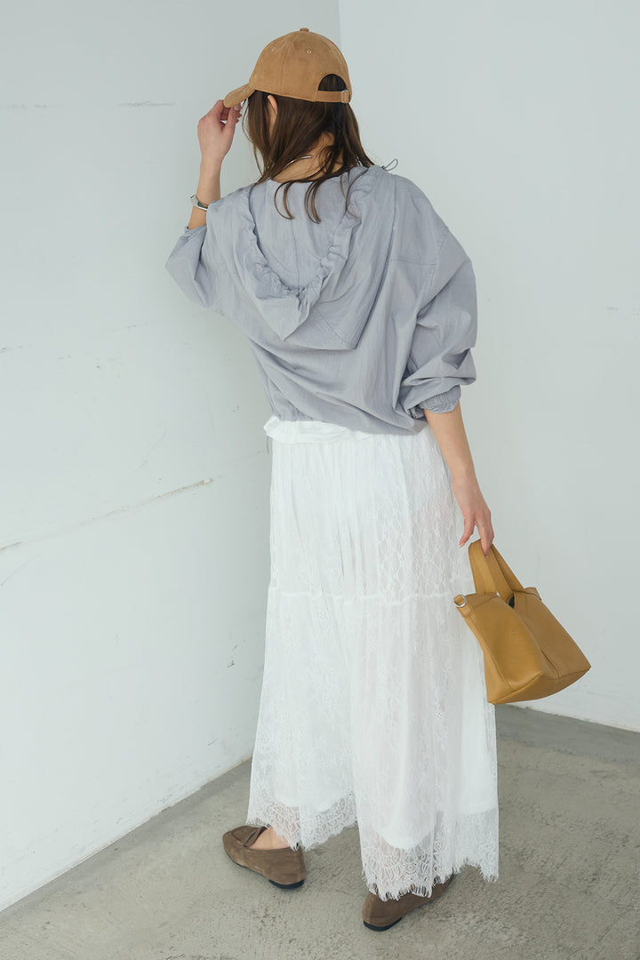 [SET]レイヤードデザインフーディートップス+ひげレース切替ロング丈スカート(2set)