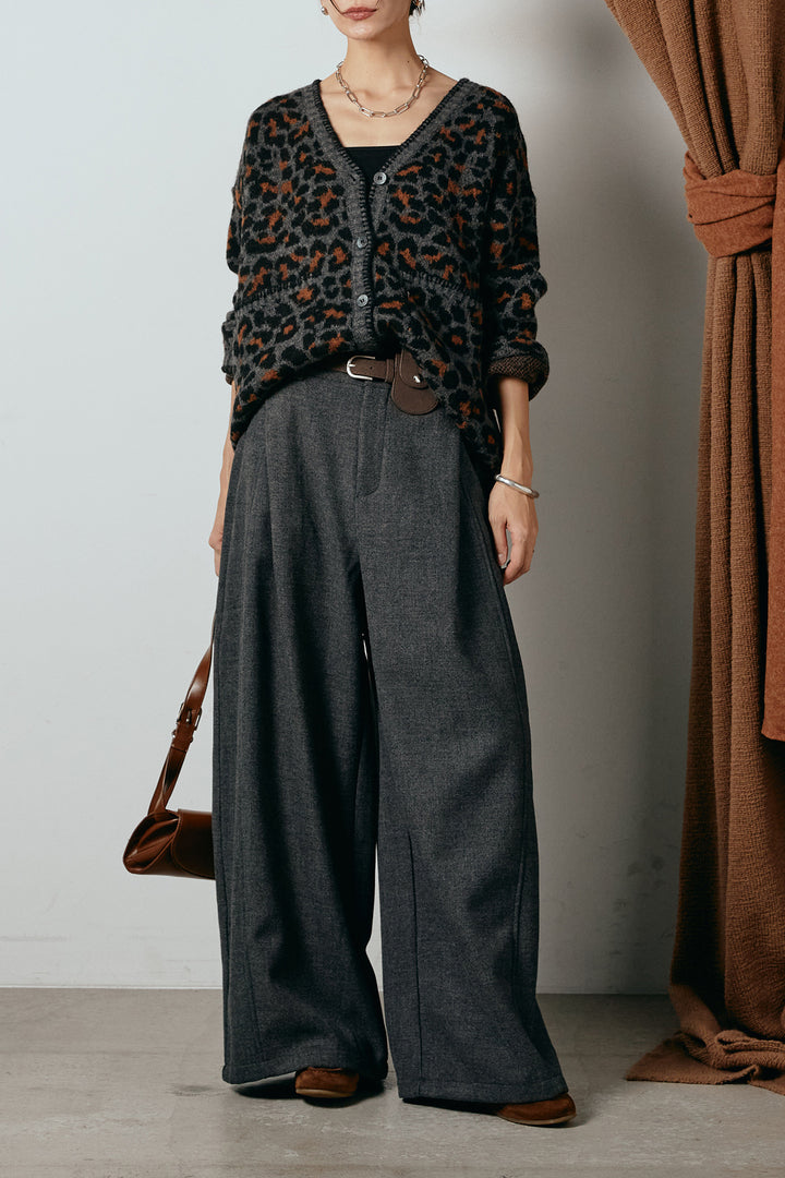 [SET]ステッチデザインレオパードニットカーディガン+ポーチベルト付きカーブパンツ(2set)