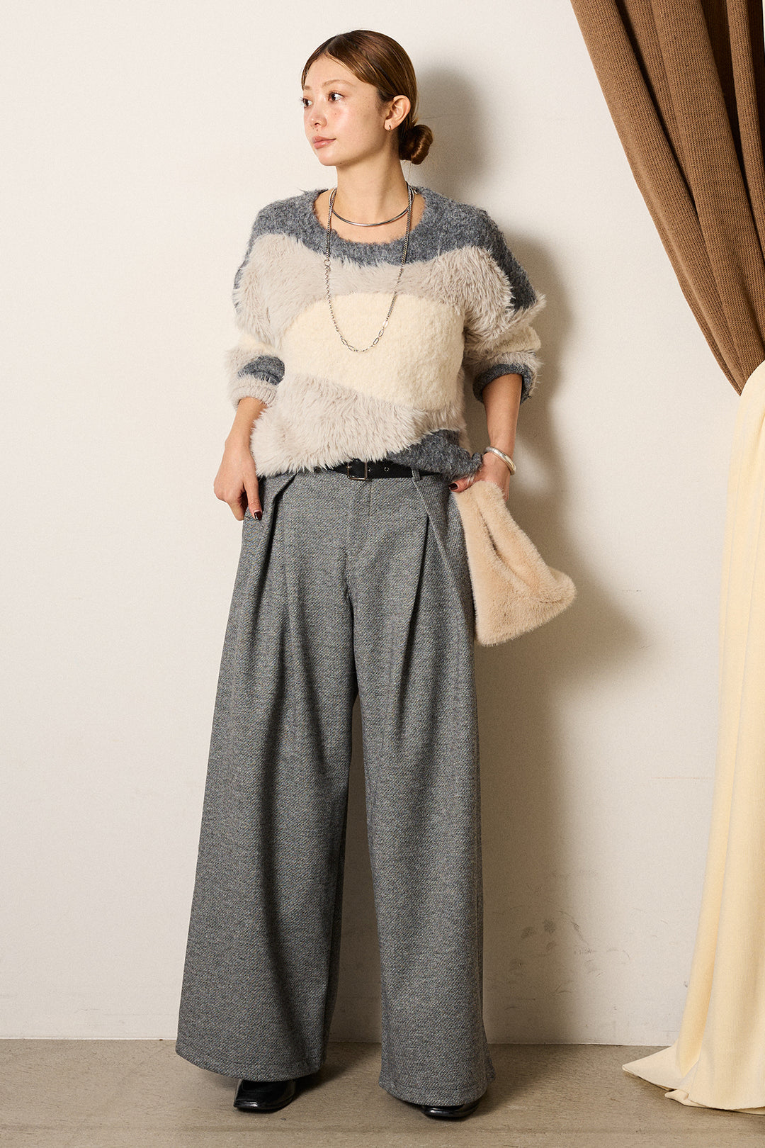 [SET]シャギーウェーブ柄クルーネックニットトップス+細ベルト付き起毛タックワイドパンツ(2set)