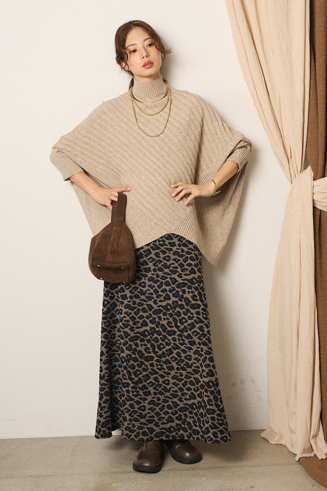 [SET]アシメデザインリブポンチョニットトップス+レオパードロングスカート(2set)