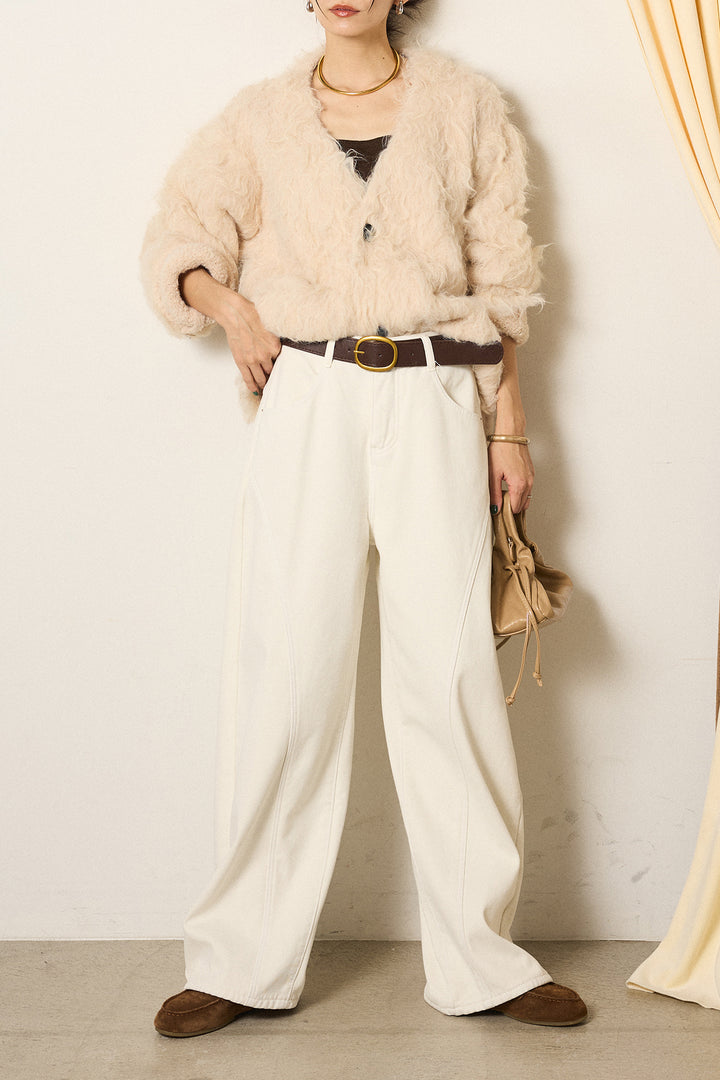 [SET]起毛シャギーニットカーディガン+ベルト付きカジュアルカーブワイドパンツ(2set)