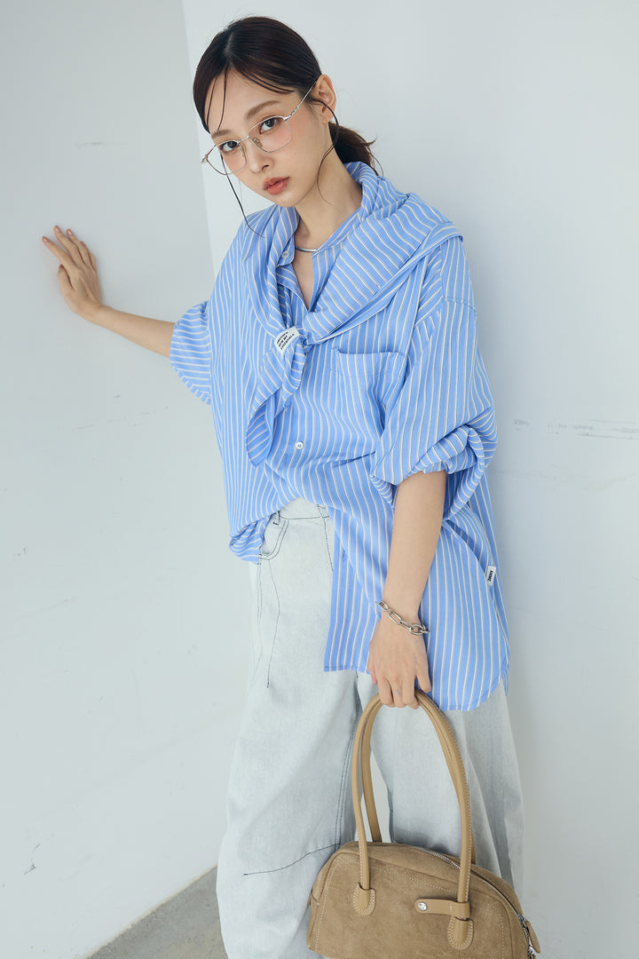 [SET]レーヨンストライプスカーフ+レーヨンストライプバンドカラー長袖シャツ(2set)