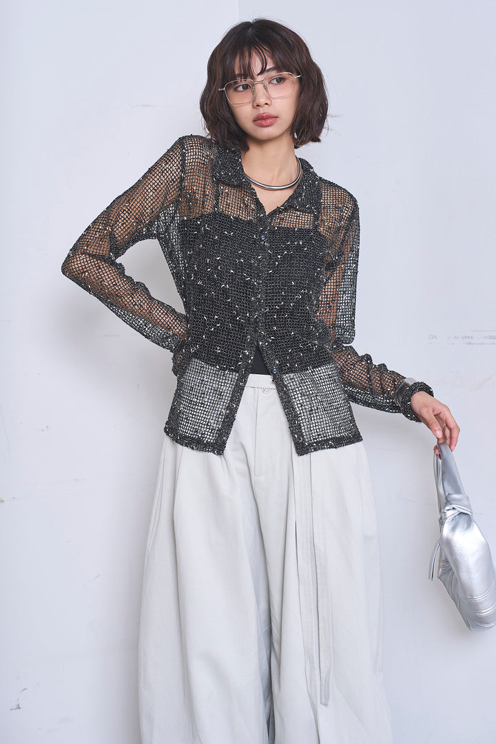 [SET]ネップメッシュポロ襟カーディガン+紐ベルト付きカーブワイドパンツ(2set)