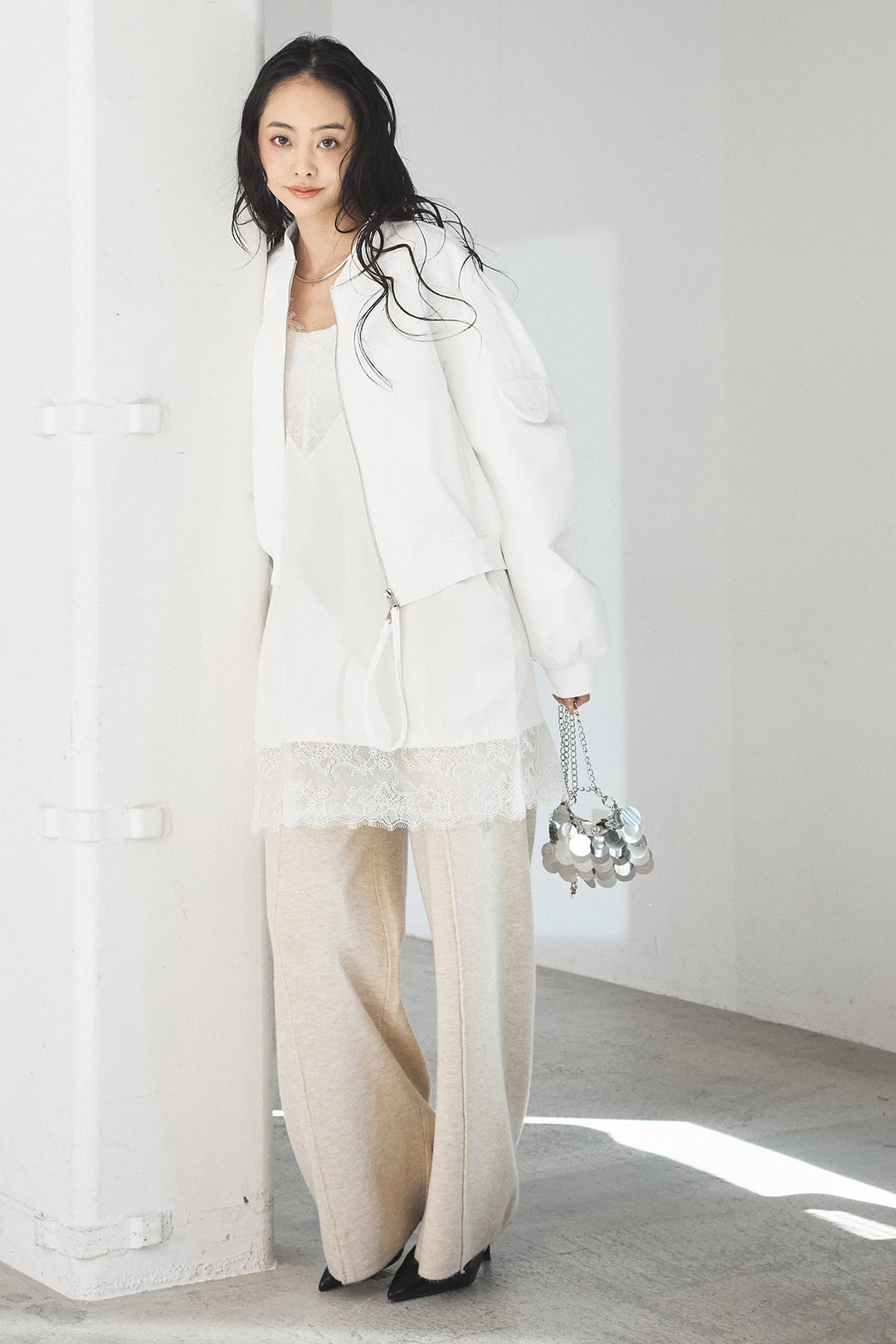 [SET]袖ギャザーデザインブルゾン+レース切り替えキャミソール(2set)