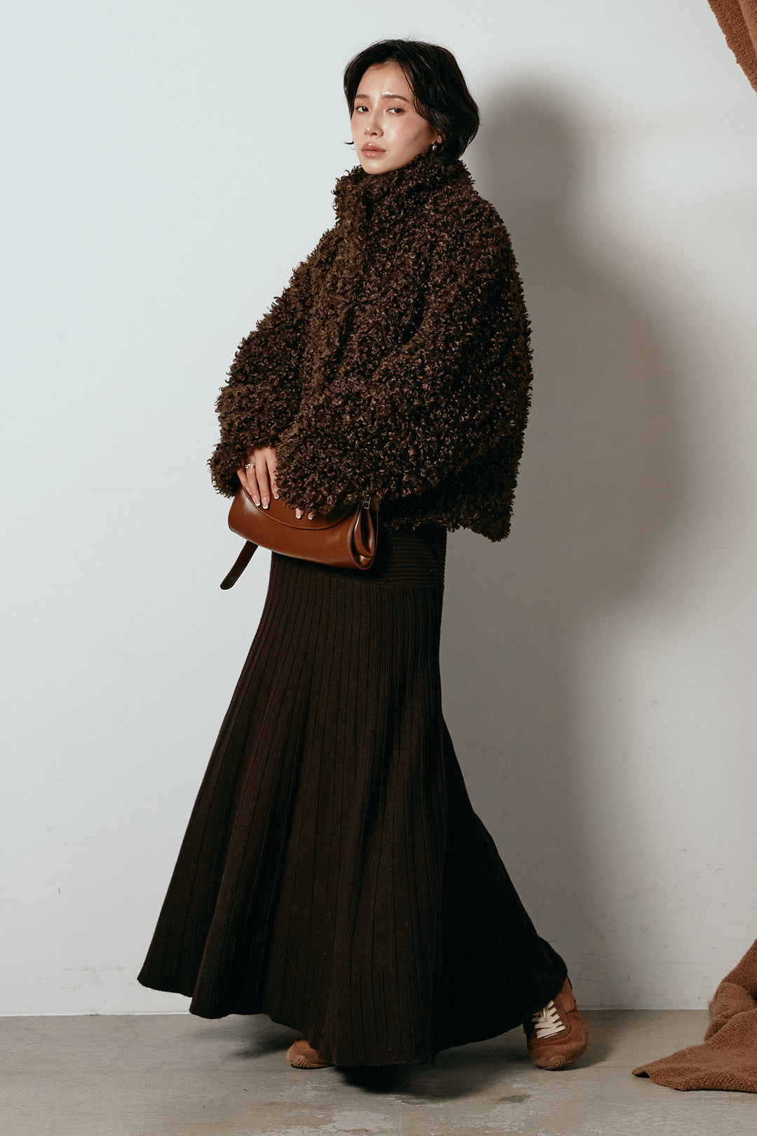 [SET]プードルファーミドルジャケット+編み地切り替えフレアニットスカート(2set)