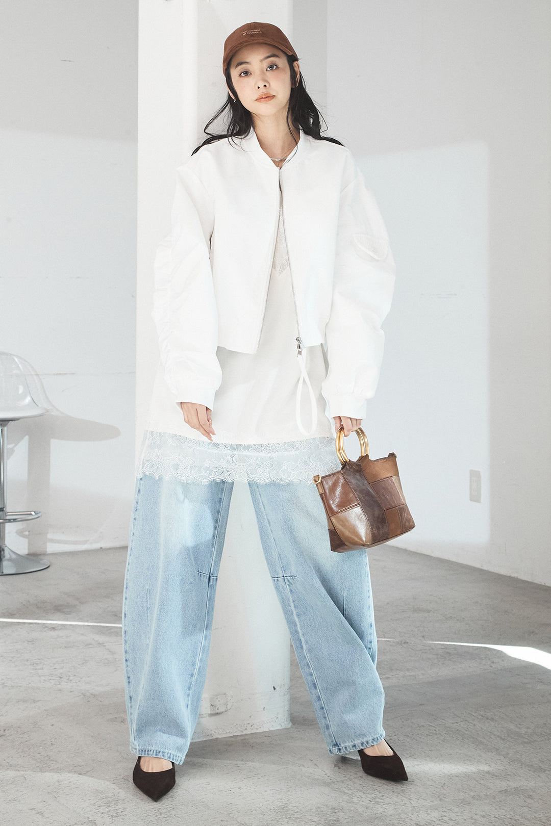 [SET]袖ギャザーデザインブルゾン+デニムアシメカーブパンツ(2set)