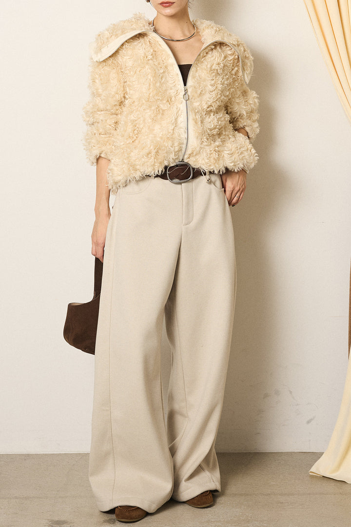 [SET]ビッグカラープードルボアアウター+編みベルト付きワイドパンツ(2set)