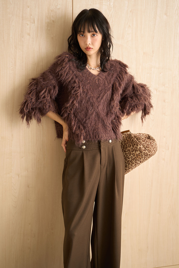 [SET]ランダムロングシャギーVネックニット+ナポレオンボタンデザインワイドパンツ(2set)