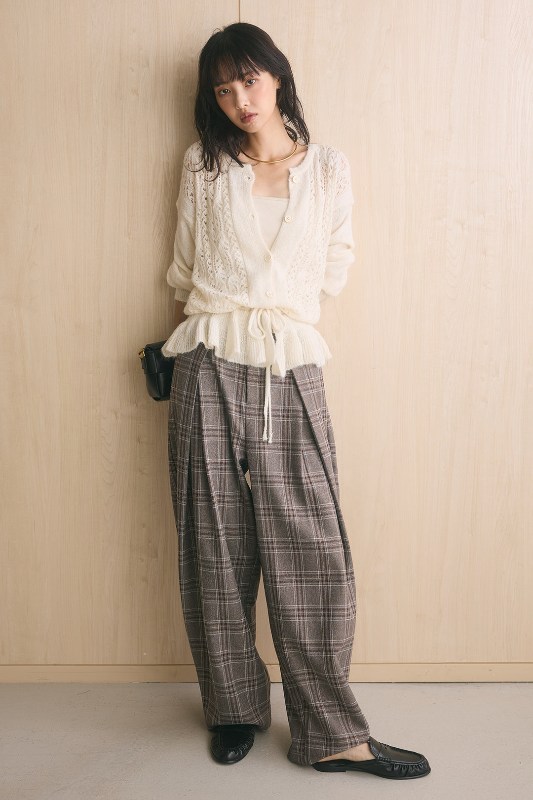 [SET]裾フリル透かし編みニットカーディガン+ブリティッシュチェックバレルパンツ(2set)