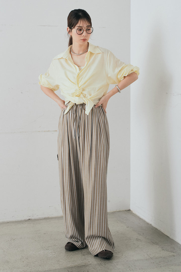 [SET]裾巻きツイストデザインシャツ+レーヨンストライプイージーワイドパンツ(2set)