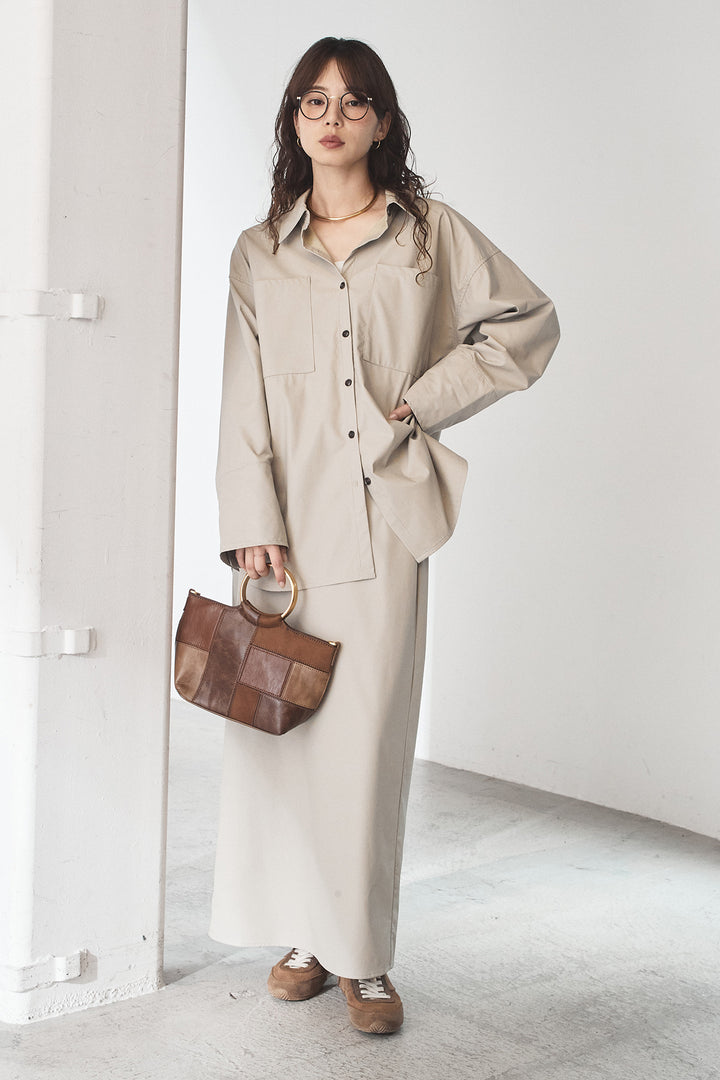 [SET]ウォッシャブルエコレザービックカフスシャツ+ウォッシャブルエコレザーナロースカート(2set)