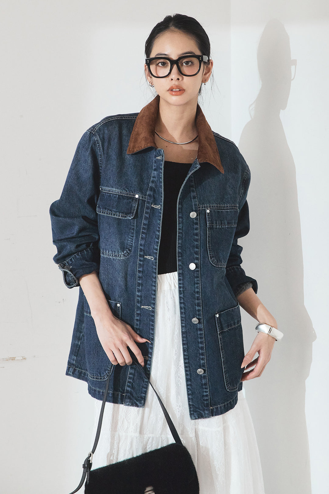 [SET]襟コーデュロイデニムカバーオール+ひげレース切替ロング丈スカート(2set)