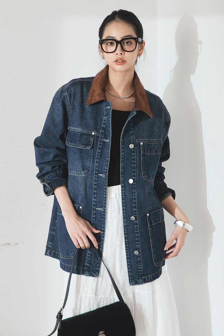 [SET]襟コーデュロイデニムカバーオール+ひげレース切替ロング丈スカート(2set)