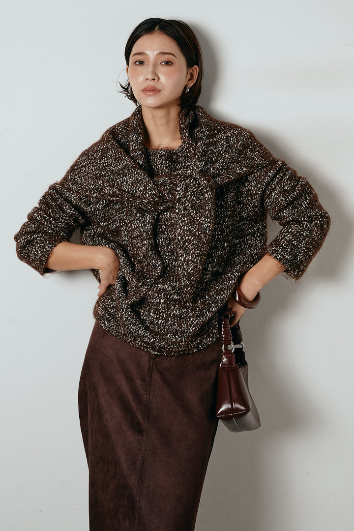 [SET]スカーフ付きミックスニットトップス+スウェードライク裾フリンジスカート(2set)