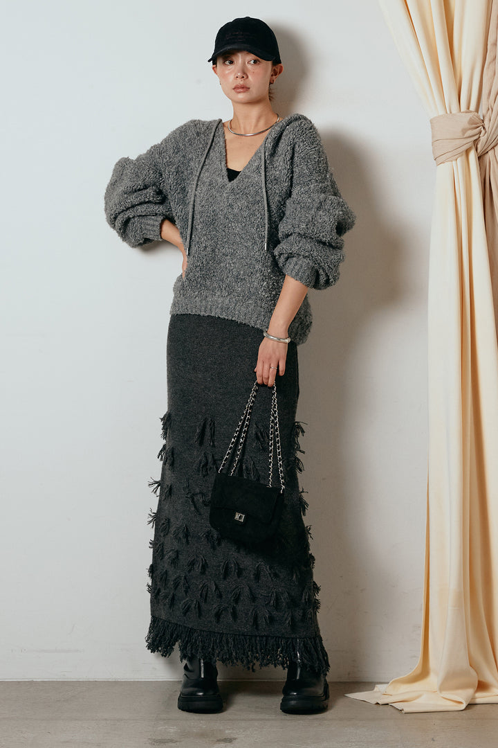 [SET]ブークレキーネックプルオーバー+ポイントフリンジニットナロースカート(2set)