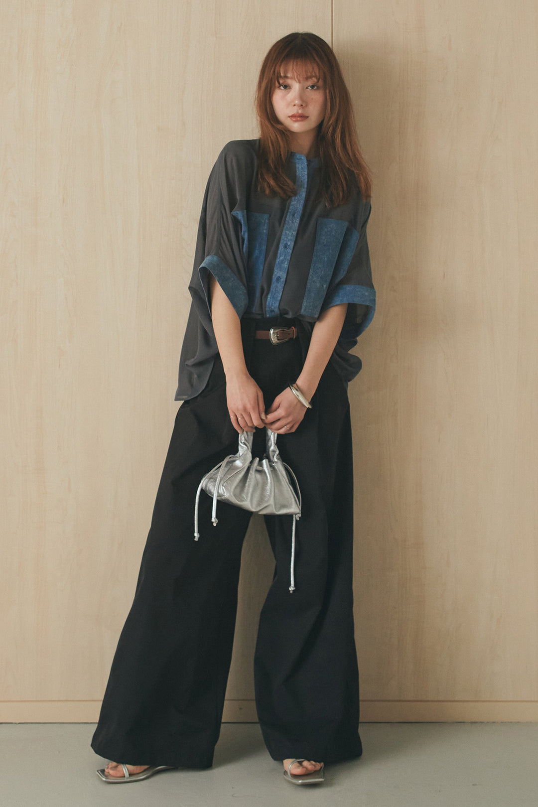 [SET]デニムライクビッグツーポケシアーシャツ+ベルトループデザインハイウエストタックパンツ(2set)