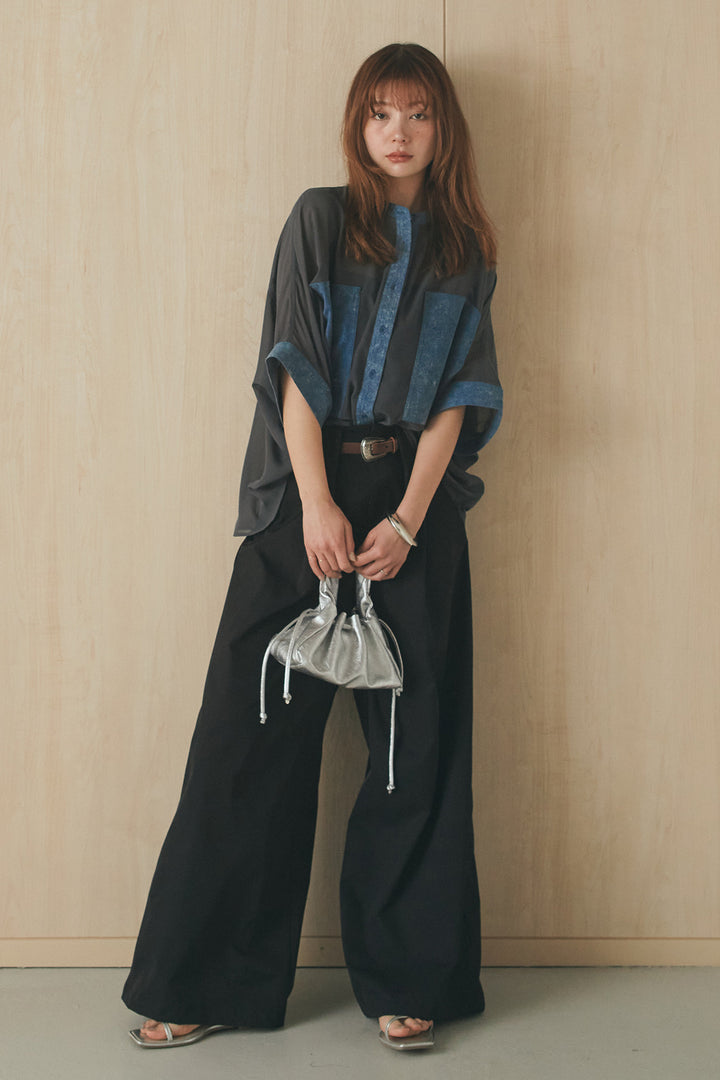 [SET]デニムライクビッグツーポケシアーシャツ+ベルトループデザインハイウエストタックパンツ(2set)