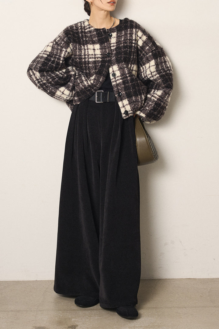 [SET]ノーカラーチェック柄ボアブルゾン+ベルトループコーデュロイワイドパンツ(2set)
