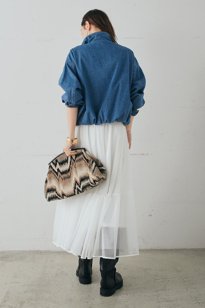 [SET]スタンドカラーデニムブルゾンジャケット+ボリュームシルエットチュールスカート(2set)