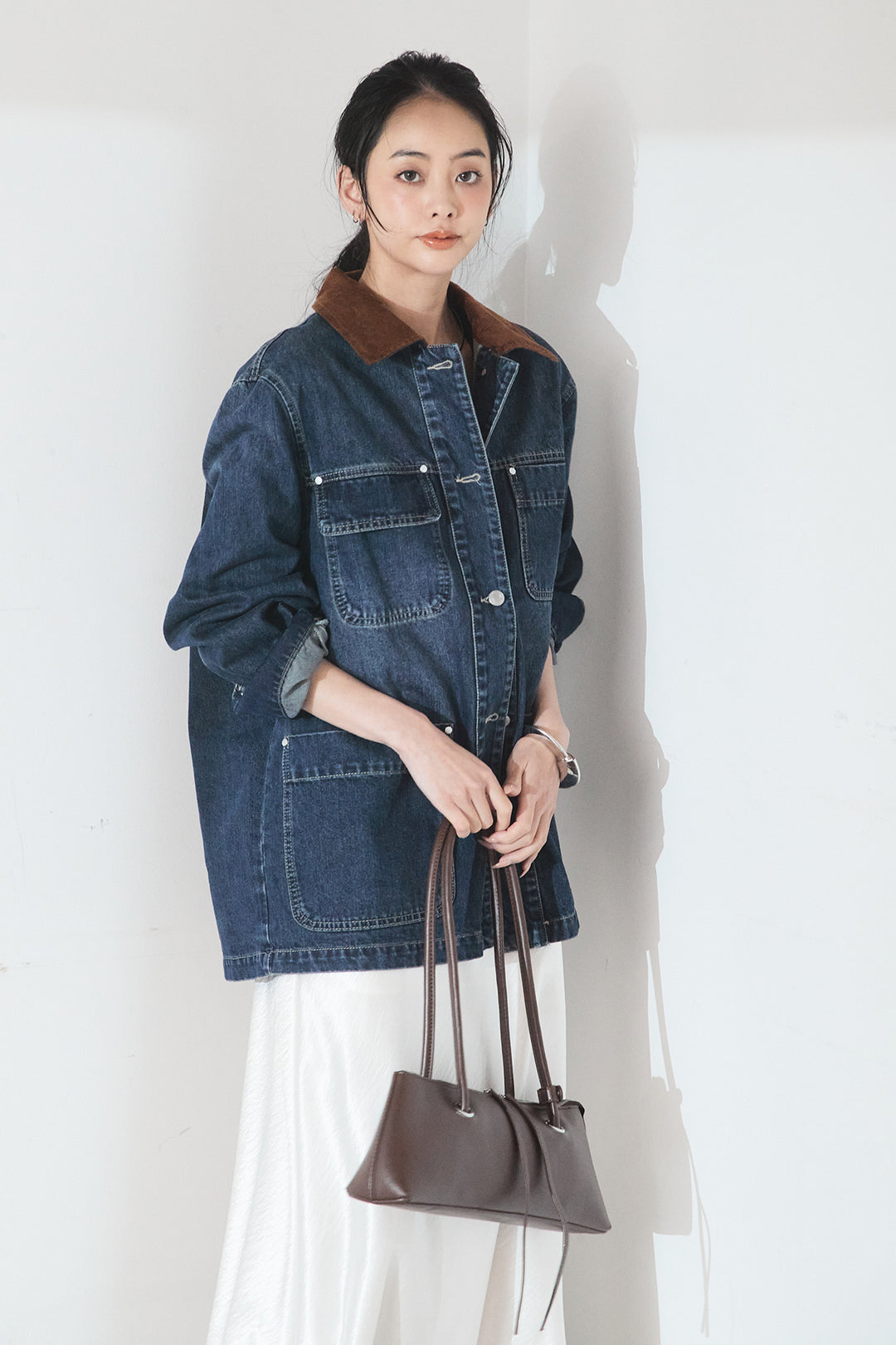 [SET]襟コーデュロイデニムカバーオール+裾レースデザインサテンスカート(2set)