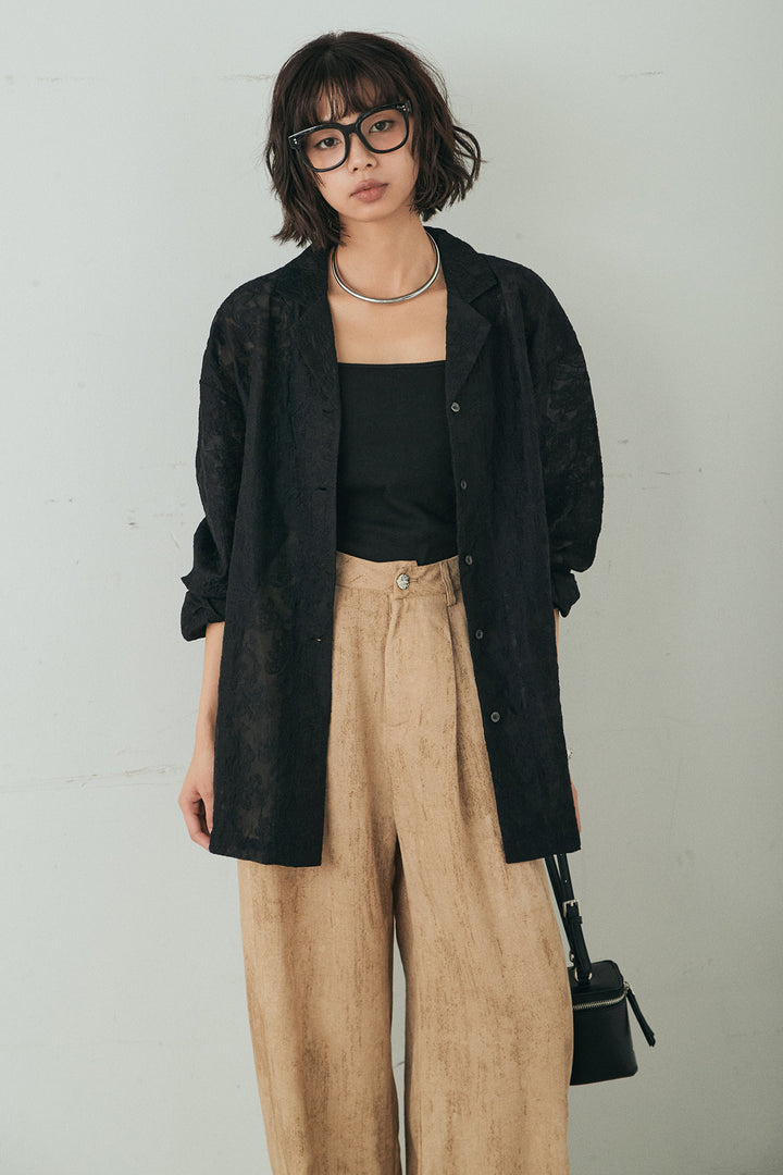 [SET]刺繍シアーオープンカラーシャツ+リネン混かすれ柄ワイドパンツ(2set)