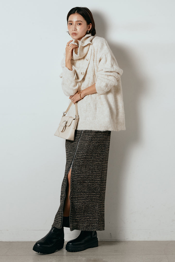 [SET]ケープデザインケーブルニットトップス+グレンチェック柄フロントジップタイトスカート(2set)