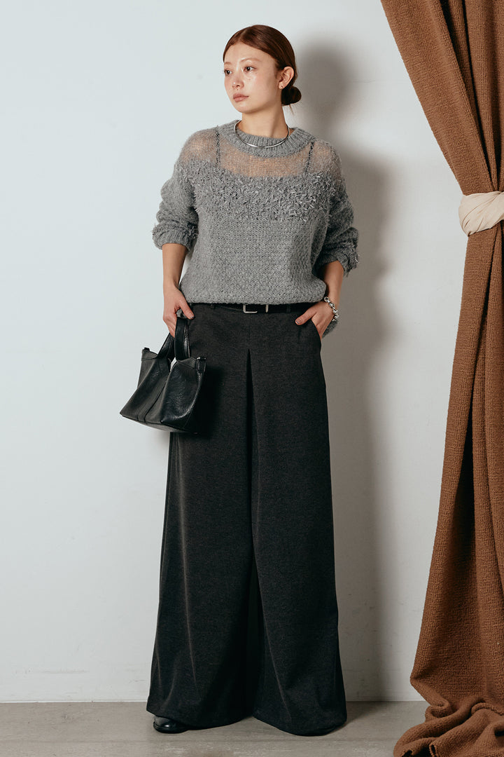 [SET]パターンランダム編みニットトップス+ベルト付きフロントタックデザインパンツ(2set)