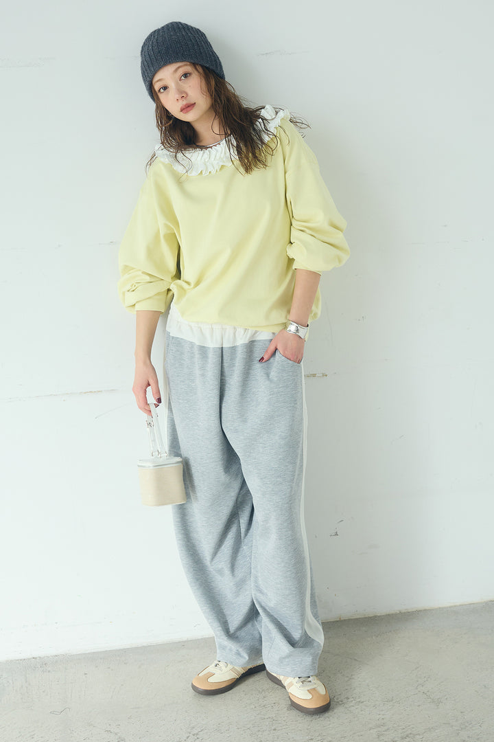 [SET]ネックギャザーフリルスウェット+異素材切り替えスウェットパンツ(2set)