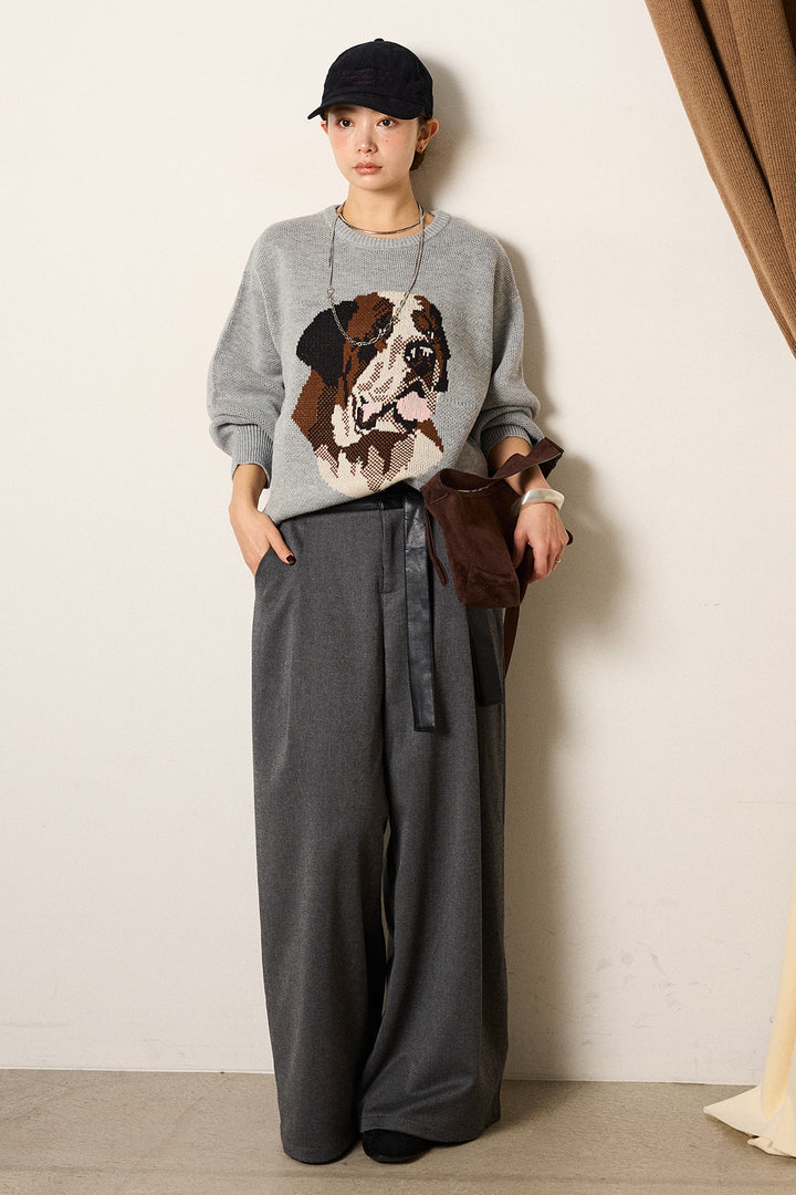 [SET]アニマルジャガード柄ニットトップス+巻ベルトウエストレザーライクワイドパンツ(2set)