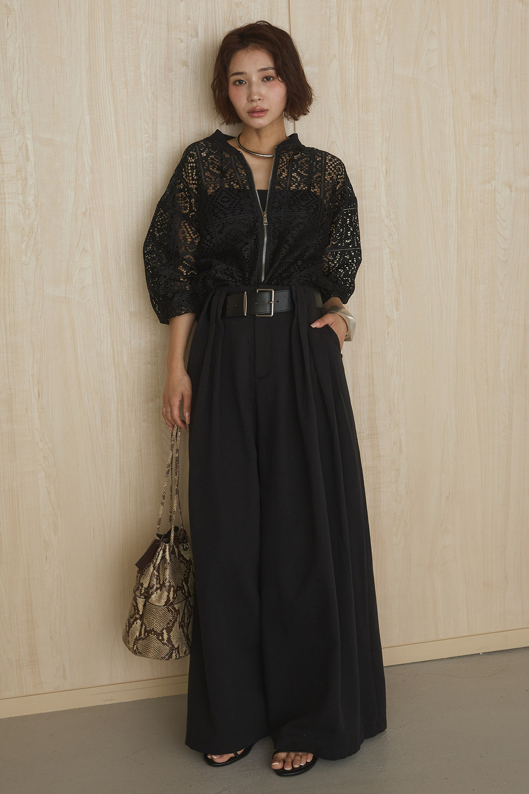 [SET]幾何レースブルゾン+ベルト付きビックループワイドパンツ(2set)