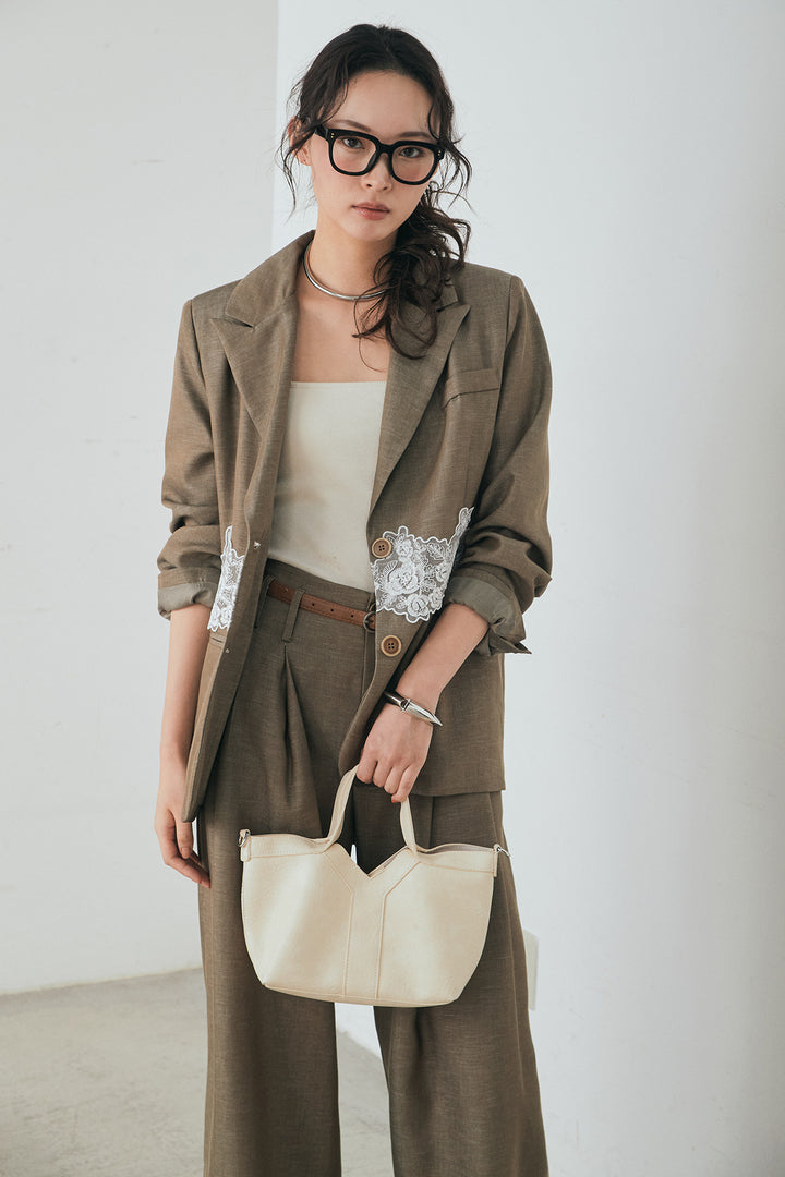 [SET]リネンタッチレースデザインジャケット+リネンタッチ細ベルト付きワイドパンツ(2set)