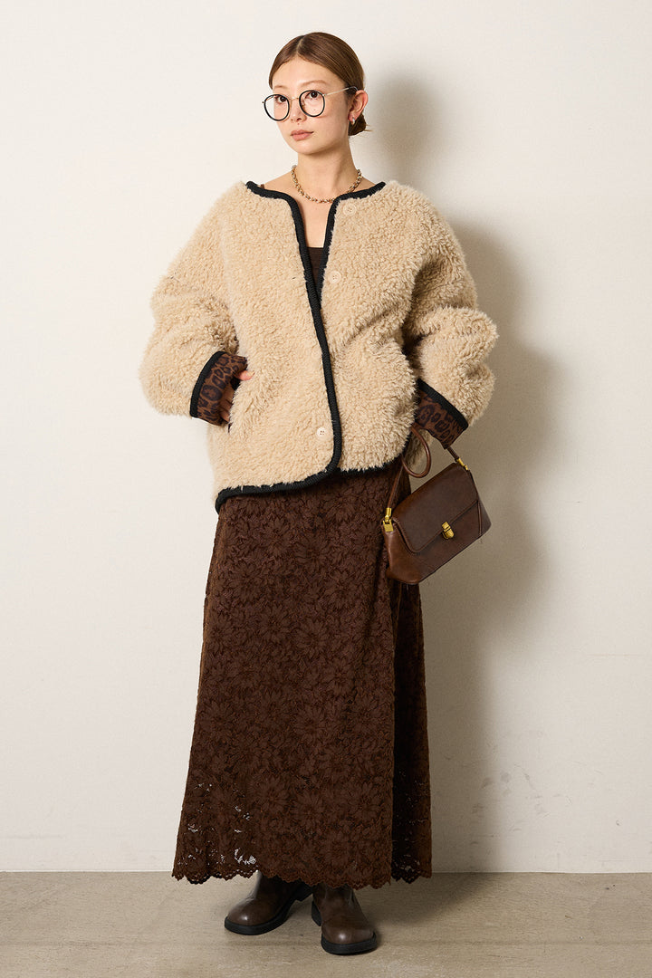 [SET]ノーカラー裏地レオパードボアアウター+花柄刺繍ベロアフレアスカート(2set)