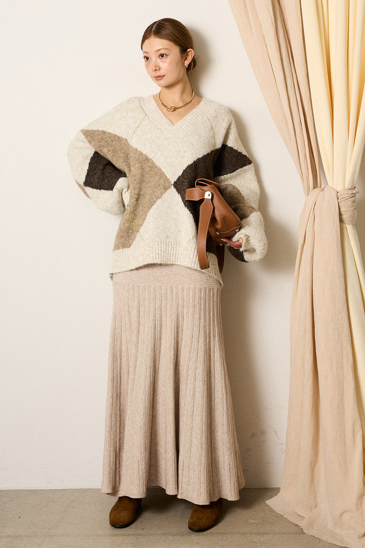 【着回しセット】[SET]ルーズアーガイルVネックニット+ルーズアーガイルVネックニット+編み地切り替えフレアニットスカート(3set)