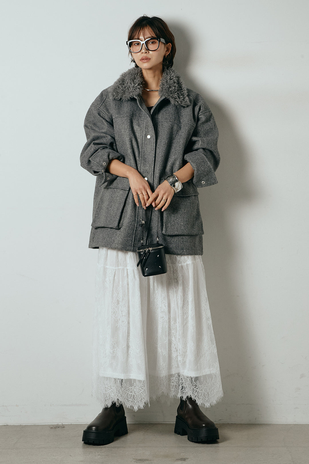 [SET]エコウール衿ファー薄中綿入りミドルカバーオール+ひげレース切替ロング丈スカート(2set)