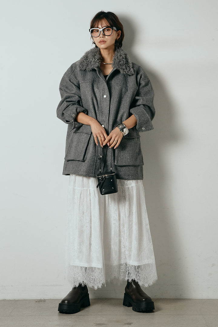 [SET]エコウール衿ファー薄中綿入りミドルカバーオール+ひげレース切替ロング丈スカート(2set)
