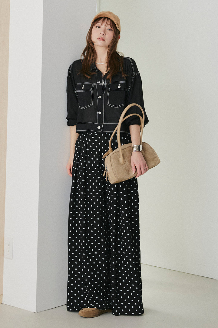 [SET]配色ステッチシアーシャツ+ベルト付きドット柄ワイドパンツ(2set)