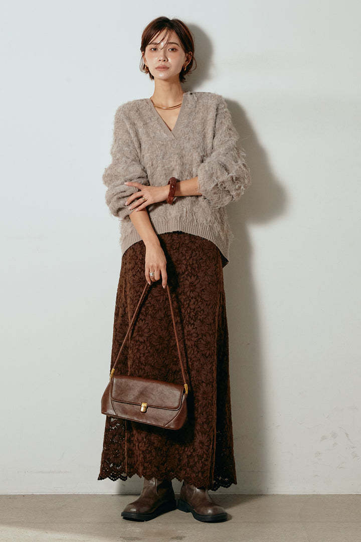 [SET]襟付きシャギーニットポロトップス+花柄刺繍ベロアフレアスカート(2set)