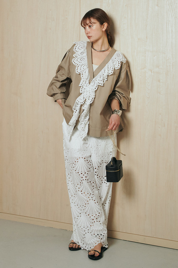 [SET]レースフリルドッキングアウター+レース刺繍リラックスパンツ(2set)