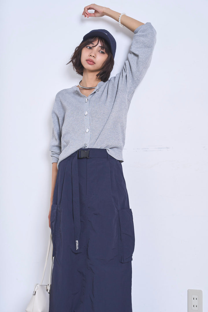 [SET]リサイクルポリニュアンス釦カーデ+撥水加工ナイロンスカート(2set)