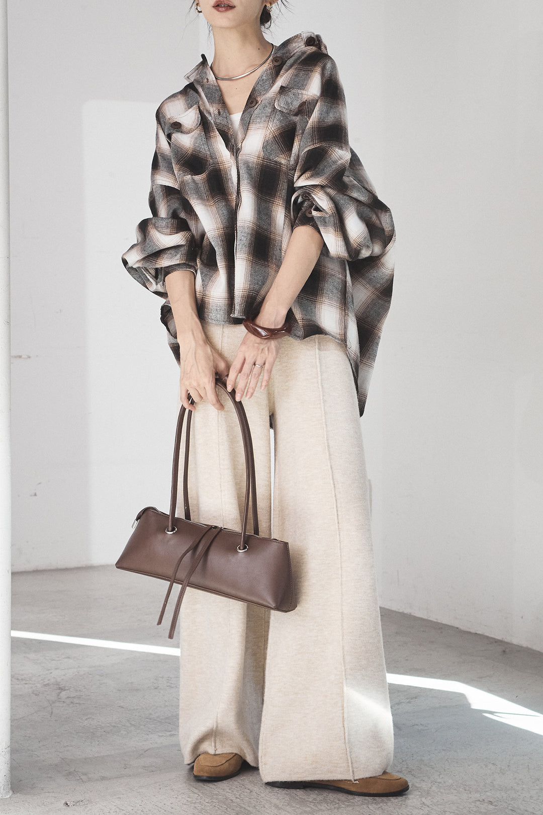 [SET]オンブレーチェックビッグシルエットCPOシャツ+センターラインニットパンツ(2set)