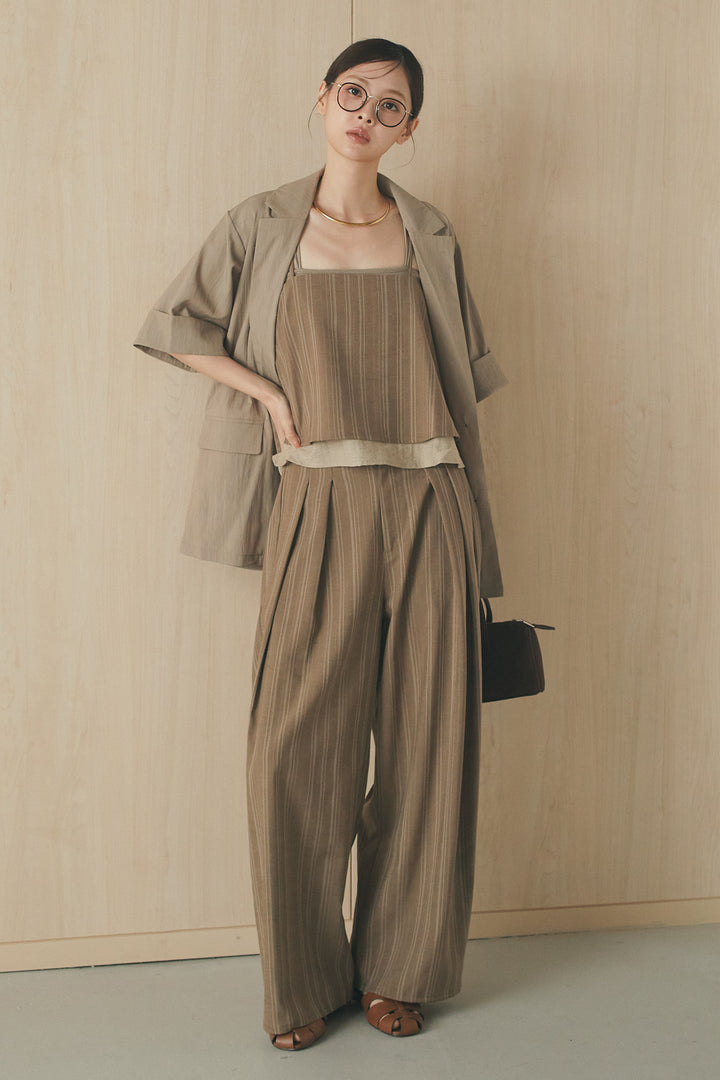 [SET]リネンストライプレイヤードキャミ+リネンストライプタックワイドパンツ(2set)